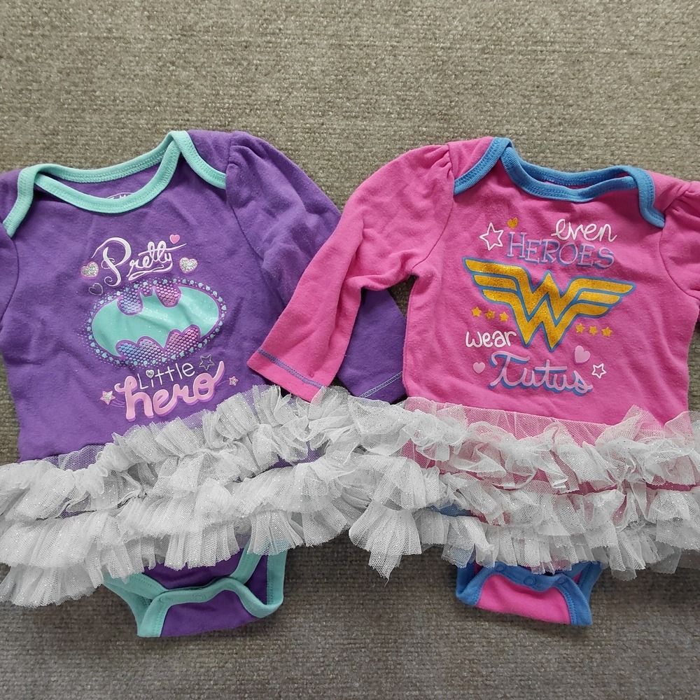Baby Girl Size 6/9 Month Batman Super Woman Hero Tutu Bodysuit Set Pink Purple